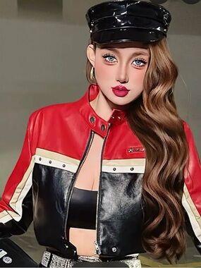 Shamofeng Red & Black Colorblock Faux Leather Moto Jacket Large